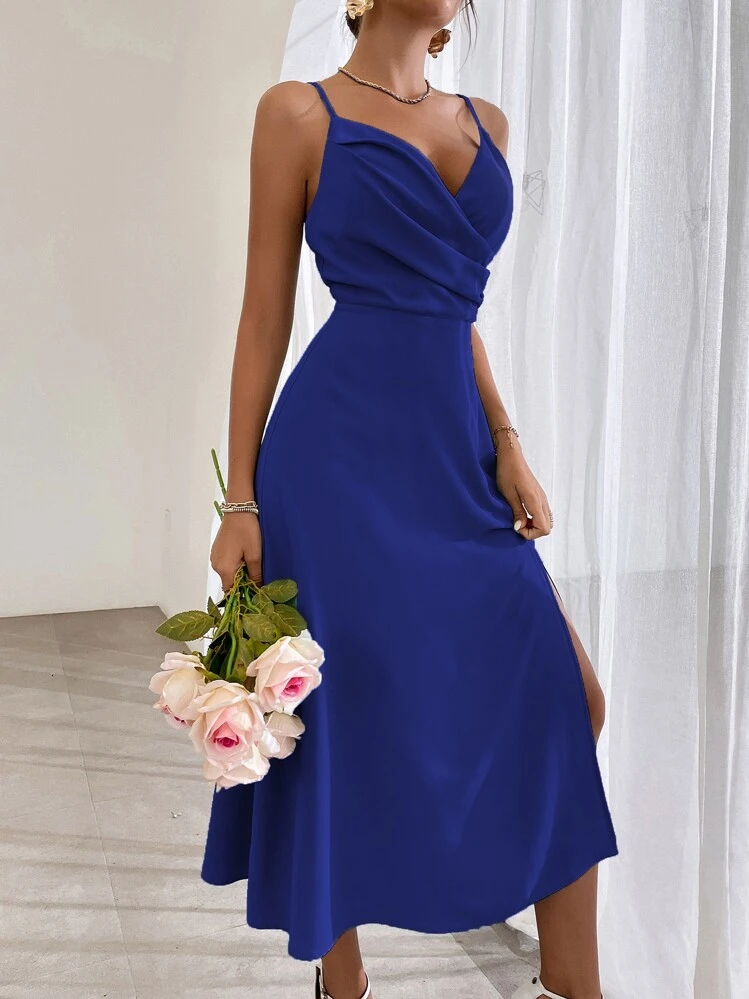 Chiquease Wrap Ruched Split Thigh Cami Dress, Semi Formal Dress Maxi Women Outfit - Royal Blue - View 4