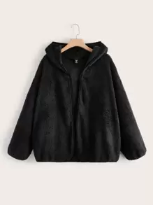 SHEIN EZwear Plus Solid Open Front Hooded Teddy Jacket - Black - View 1