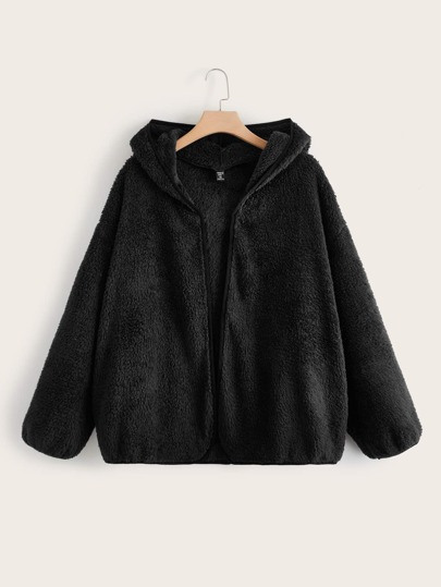 Plus Solid Open Front Hooded Teddy Jacket
