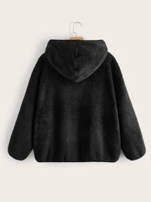 SHEIN EZwear Plus Solid Open Front Hooded Teddy Jacket - Black - View 2