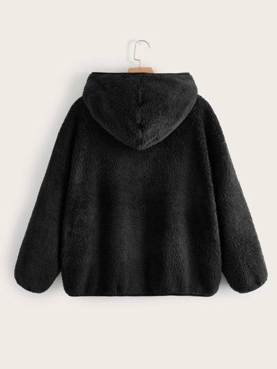 Plus Solid Open Front Hooded Teddy Jacket