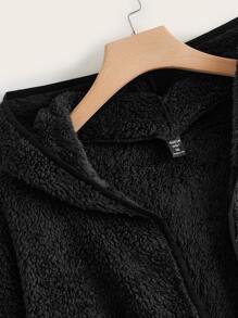 SHEIN EZwear Plus Solid Open Front Hooded Teddy Jacket - Black - View 3