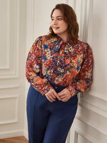 SHEIN Clasi Plus Allover Floral Print Tie Neck Blouse - Multicolor - View 4