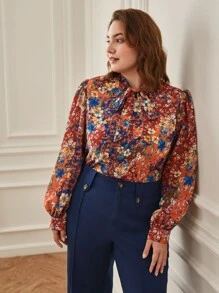 SHEIN Clasi Plus Allover Floral Print Tie Neck Blouse - Multicolor - View 5
