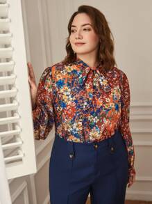 SHEIN Clasi Plus Allover Floral Print Tie Neck Blouse - Multicolor - View 3