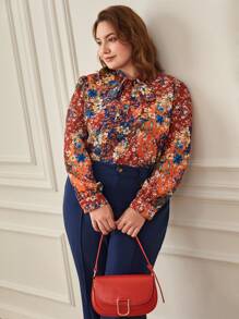 SHEIN Clasi Plus Allover Floral Print Tie Neck Blouse - Multicolor - View 8
