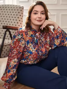 SHEIN Clasi Plus Allover Floral Print Tie Neck Blouse - Multicolor - View 1