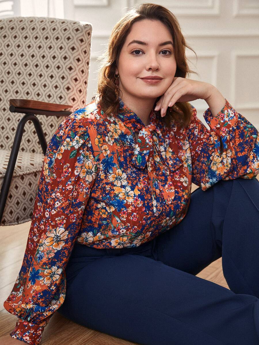 SHEIN Clasi Plus Allover Floral Print Tie Neck Blouse - Multicolor - View 1