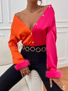 SHEIN Privé Two Tone Fuzzy Cuff Shirt - Multicolor - View 1