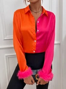 SHEIN Privé Two Tone Fuzzy Cuff Shirt - Multicolor - View 3