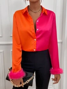 SHEIN Privé Two Tone Fuzzy Cuff Shirt - Multicolor - View 4