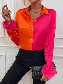 SHEIN Privé Two Tone Fuzzy Cuff Shirt - Multicolor - View 5