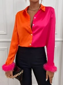 SHEIN Privé Two Tone Fuzzy Cuff Shirt - Multicolor - View 6