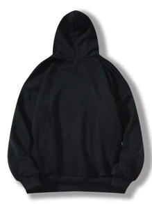 SHEIN EZwear Letter Graphic Kangaroo Pocket Drawstring Thermal Hoodie - Black - View 2