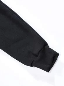 SHEIN EZwear Letter Graphic Kangaroo Pocket Drawstring Thermal Hoodie - Black - View 4