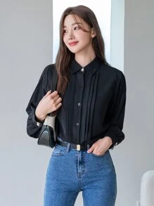 DAZY Women's Casual Business Solid Color Long Sleeve Shirt,Fall Clothes,Back To School Clothes - Black - View 1