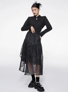 DAZY Solid Mandarin Collar Tee - Black - View 3