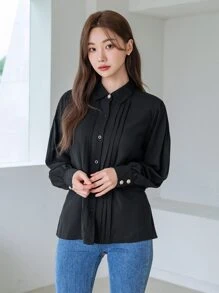 DAZY Women's Casual Business Solid Color Long Sleeve Shirt,Fall Clothes,Back To School Clothes - Black - View 3
