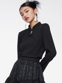 DAZY Solid Mandarin Collar Tee - Black - View 4
