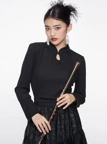 DAZY Solid Mandarin Collar Tee - Black - View 5