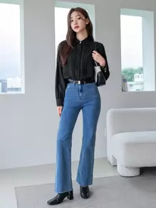 DAZY Women's Casual Business Solid Color Long Sleeve Shirt,Fall Clothes,Back To School Clothes - Black - View 5