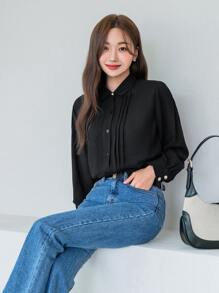 DAZY Women's Casual Business Solid Color Long Sleeve Shirt,Fall Clothes,Back To School Clothes - Black - View 6