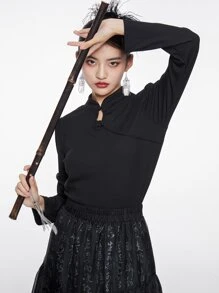 DAZY Solid Mandarin Collar Tee - Black - View 6