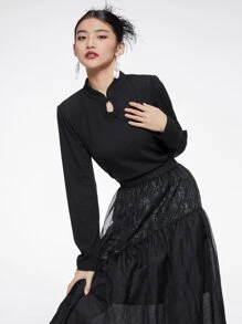 DAZY Solid Mandarin Collar Tee - Black - View 7