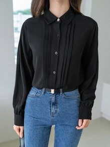 DAZY Women's Casual Business Solid Color Long Sleeve Shirt,Fall Clothes,Back To School Clothes - Black - View 8