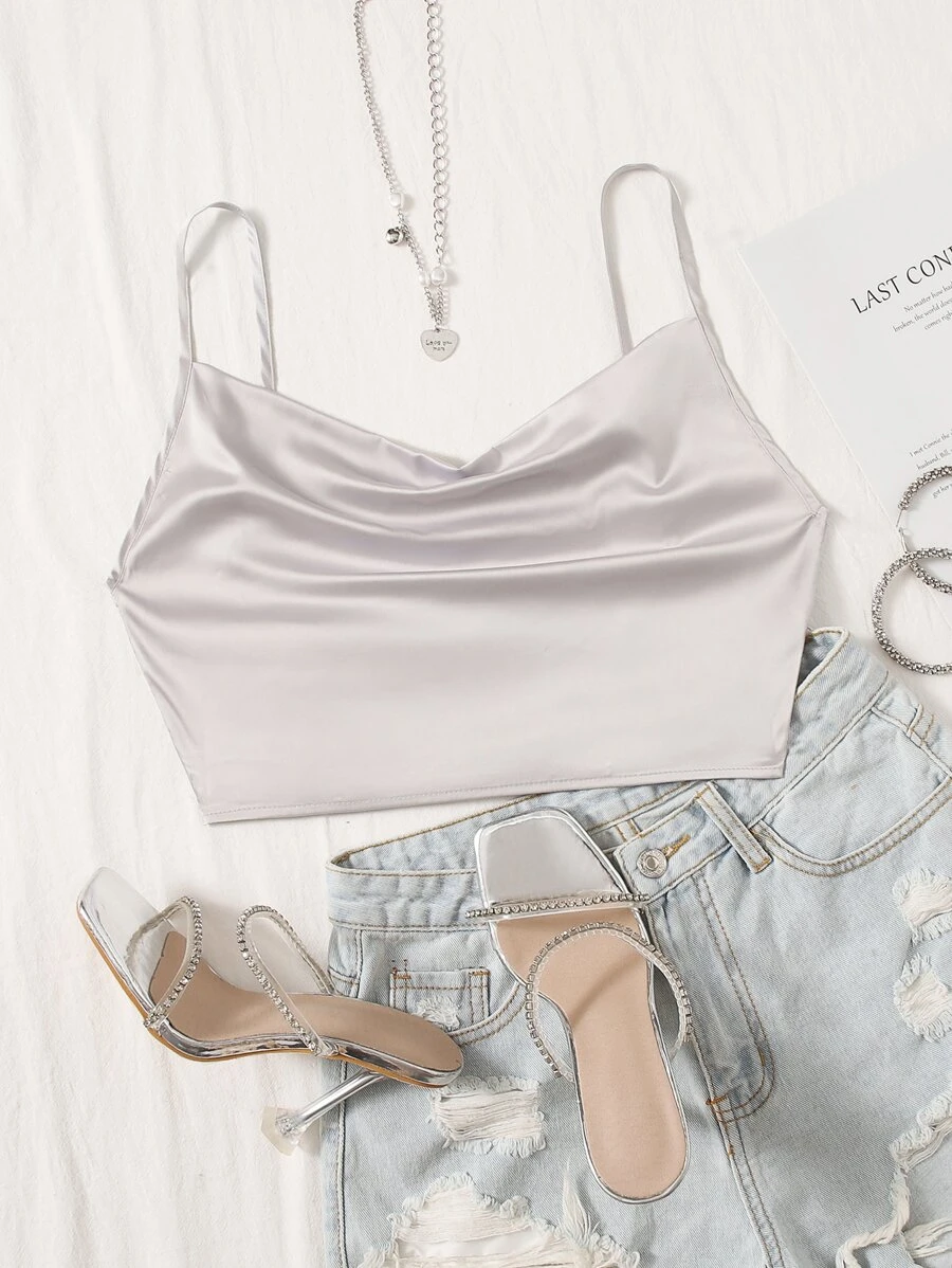 SHEIN Privé Date Night Tie Back Satin Concert Crop Cami Top - Light Grey - View 1