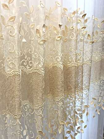 1 件欧式奢华窗帘，带刺绣叶子图案，适用于客厅、阳台和飘窗