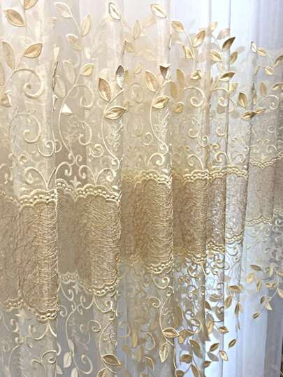 1pc European Luxury Curtain With Embroidered Leaf Design For Living Room, Balcony, And Bay Window