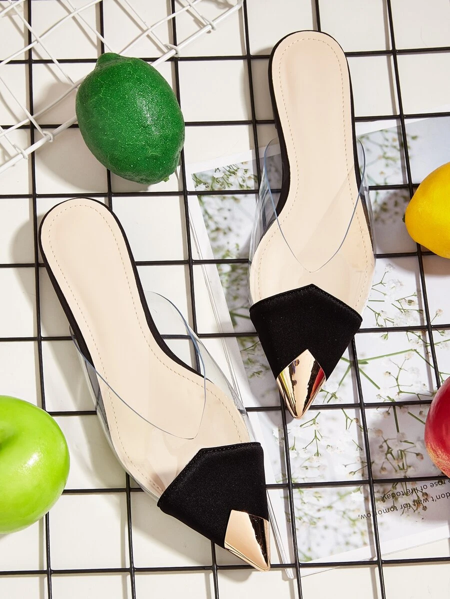 2025 Autumn Women Metallic Detail Clear Panel Flat Mules, Fashion Outdoor Flats - Black - View 1