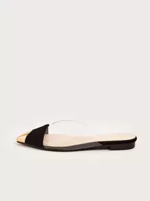 2025 Autumn Women Metallic Detail Clear Panel Flat Mules, Fashion Outdoor Flats - Black - View 3