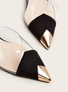 2025 Autumn Women Metallic Detail Clear Panel Flat Mules, Fashion Outdoor Flats - Black - View 4