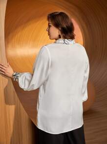 SHEIN Unity Plus Chain Print Tie Neck Lantern Sleeve Top - White - View 6