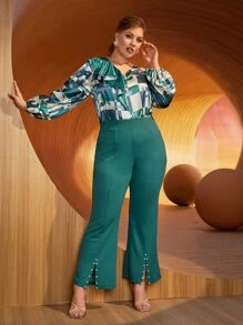 SHEIN Plus Pearls Beaded Split Hem Trousers - Green - View 1