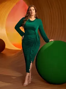 SHEIN Vestido ribete con fruncido bajo asimétrico - Verde Oscuro - Ver 1