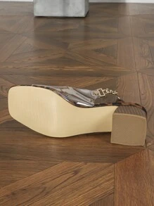 Women Leopard Print Chain Decor Chunky Heeled Slingback Sandals, Fashion Summer Heeled Sandals
