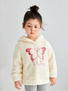 SHEIN 女童字母蝴蝶图案落肩泰迪熊卫衣 - 米色 - 查看 3