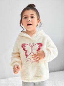 SHEIN 女童字母蝴蝶图案落肩泰迪熊卫衣 - 米色 - 查看 4