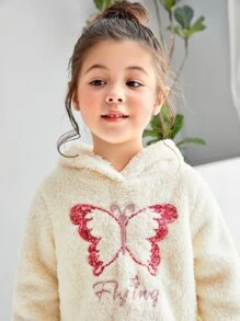 SHEIN 女童字母蝴蝶图案落肩泰迪熊卫衣 - 米色 - 查看 5