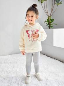 SHEIN 女童字母蝴蝶图案落肩泰迪熊卫衣 - 米色 - 查看 6