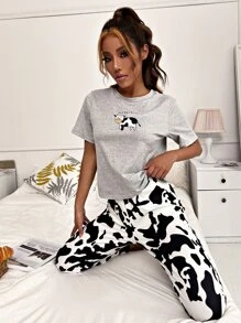 SHEIN 字母和奶牛圖案睡衣套裝 - 彩色 - 查看 5