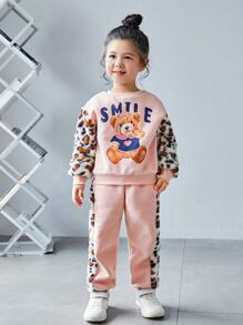 SHEIN 小女童熊和字母圖案保暖衛衣和運動褲 - 淺粉色 - 查看 1