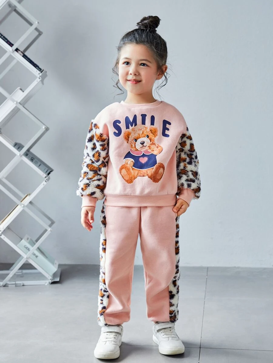 SHEIN 小女童熊和字母圖案保暖衛衣和運動褲 - 淺粉色 - 查看 1