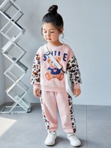 SHEIN 小女童熊和字母圖案保暖衛衣和運動褲 - 淺粉色 - 查看 4