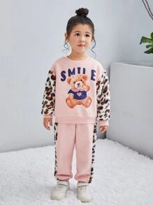 SHEIN 小女童熊和字母圖案保暖衛衣和運動褲 - 淺粉色 - 查看 5