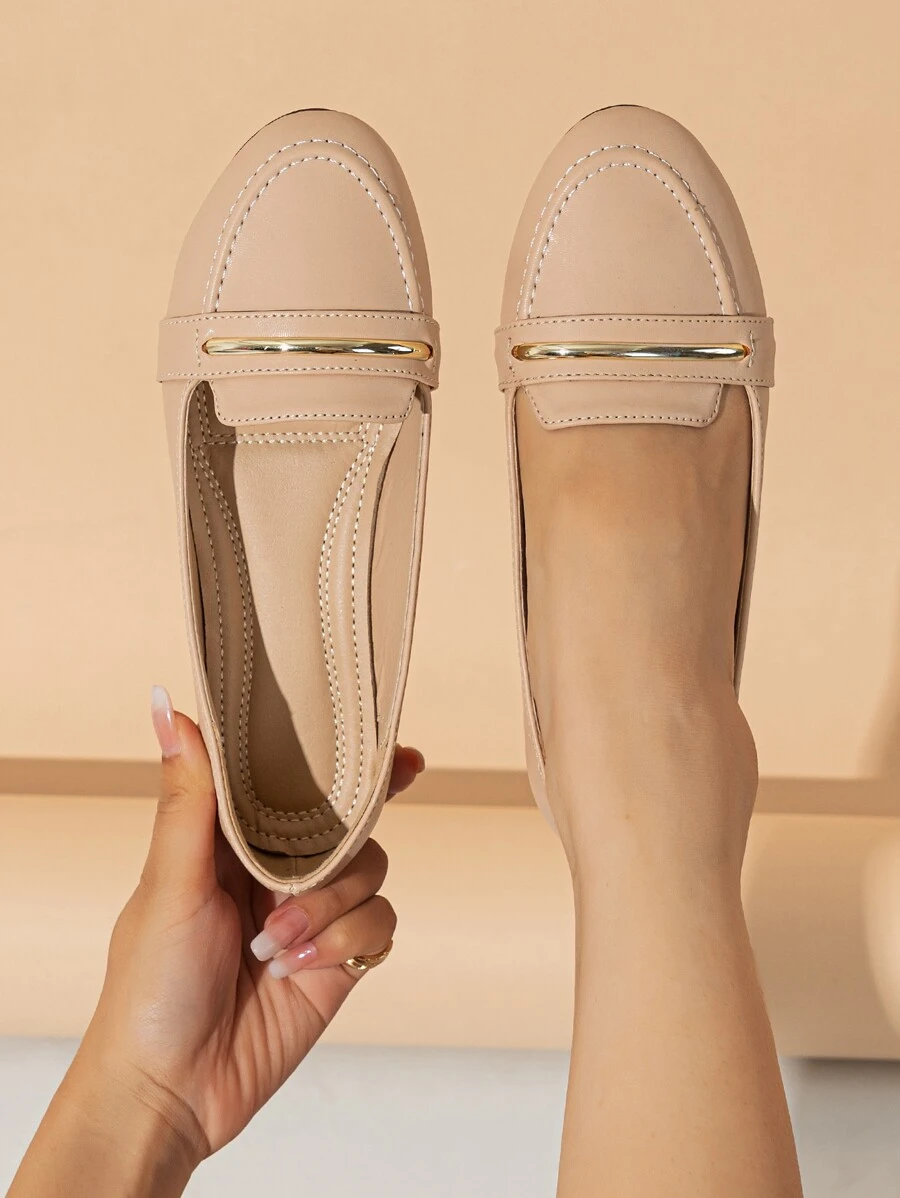 Metallic Detail Slip On Loafers,Women's Spring And Autumn Season Apricot Soft Sole Soft-Faced Round-Toe Ballet Flat Comfortable Flat-Bottomed Shoes - Apricot - View 1