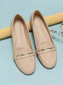 Metallic Detail Slip On Loafers,Women's Spring And Autumn Season Apricot Soft Sole Soft-Faced Round-Toe Ballet Flat Comfortable Flat-Bottomed Shoes - Apricot - View 3